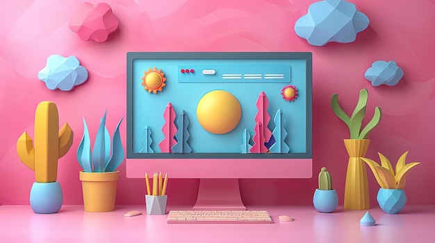 Photo 3d rendering of computer with web page and icons on pink background colored cartoon style