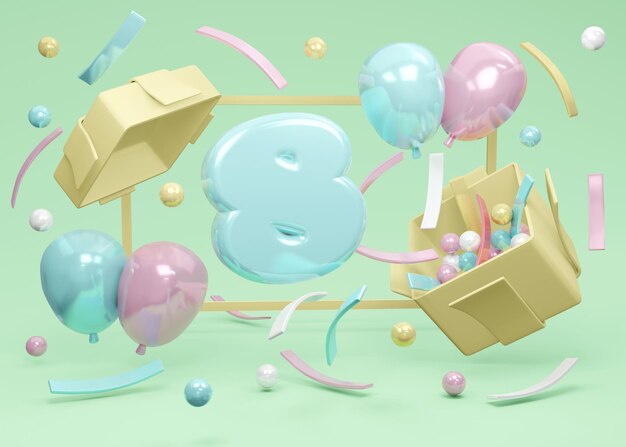 3D Rendering concept of happy birthday party. Number 8 birthday explode from gift box with balloons and confetti on green background. 3D Render. 3D illustration. Minimal design template.