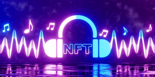 3d rendering concept NFT for music. Neon headphone icon with musical notes and soundwave.