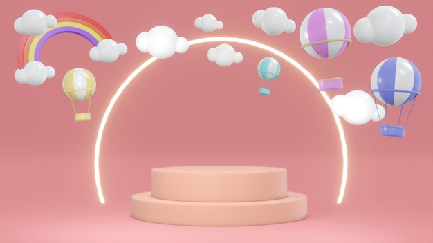 3D rendering concept of pink display podium with hot air balloons in the sky and ring light