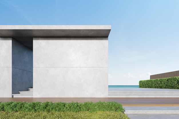 3d rendering of concrete building with wooden terrace on sea background