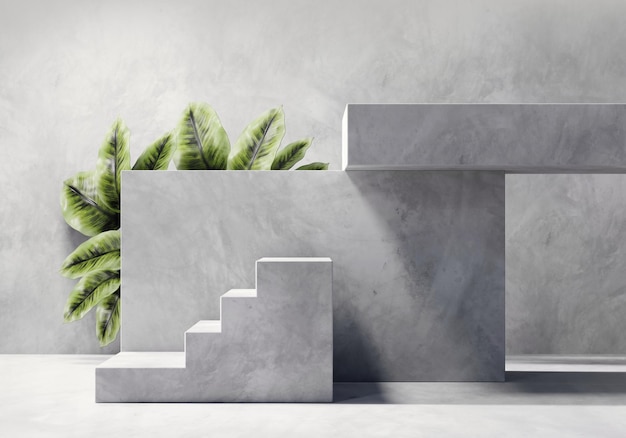 3D rendering concrete platform podium with plant product presentation background