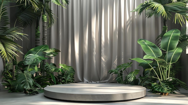 3d rendering of a concrete podium in front of a white curtain There are tropical plants on