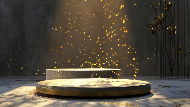 Photo 3d rendering of a concrete podium with a golden spotlight