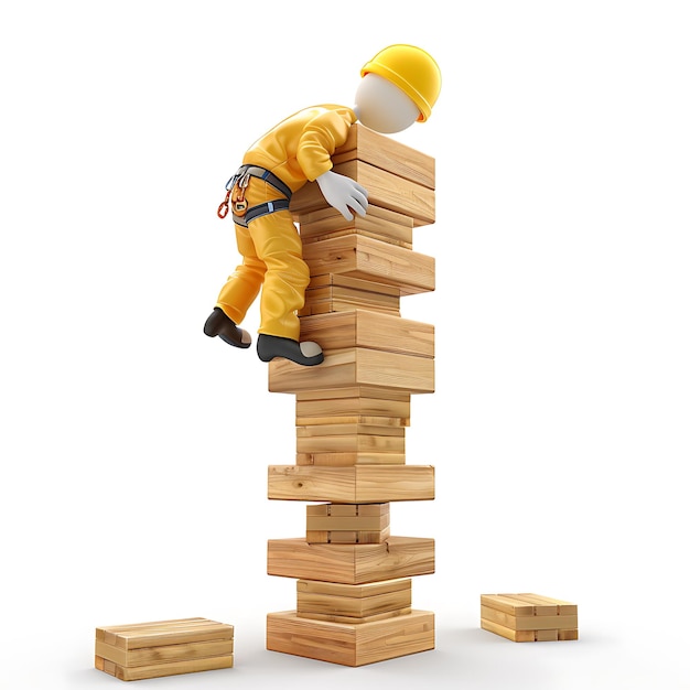 Photo 3d rendering of a construction worker reaching the top of a stack of blocks