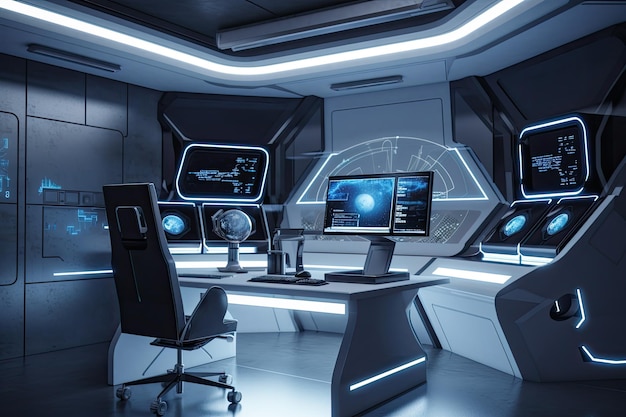 3D rendering of a control room in a spaceship with neon lights futuristic office room with office desk and computer AI Generated