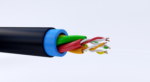 3D rendering of copper electric wire. cable in multi-colored insulation