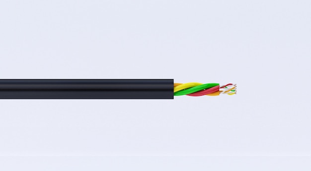 3D rendering of copper electric wire. cable in multi-colored insulation