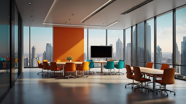 3d rendering corporate business creative meeting room on high rise office building with colorful decor furniture