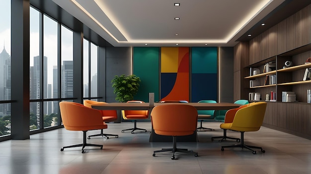 3d rendering corporate business creative meeting room on high rise office building with colorful decor furniture