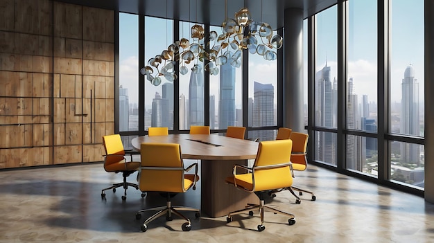 3d rendering corporate business creative meeting room on high rise office building with colorful decor furniture