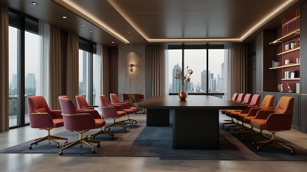 3d rendering corporate business creative meeting room on high rise office building with colorful decor furniture