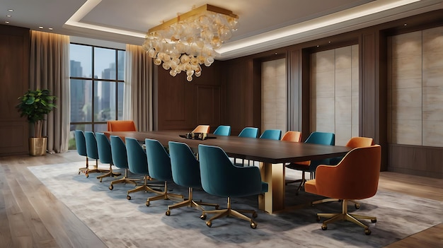 3d rendering corporate business creative meeting room on high rise office building with colorful decor furniture