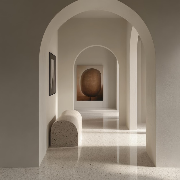 Photo 3d rendering of a corridor with an arch and a picture