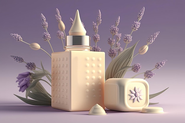 3d rendering of cosmetic bottle branding with mockup package on violet background of nature elements such as lavender flowers and plants Skin care product presentation