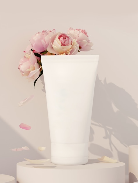 3d rendering of cosmetic product presentation. Cream on a beige podium with peonies.