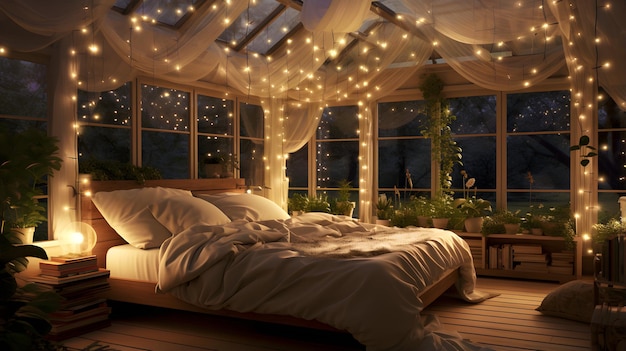 3d rendering of cozy greenhouse with white bed and illuminated candles at night