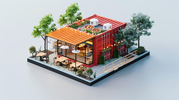 3d rendering of a cozy restaurant with a garden on the roof The restaurant is made