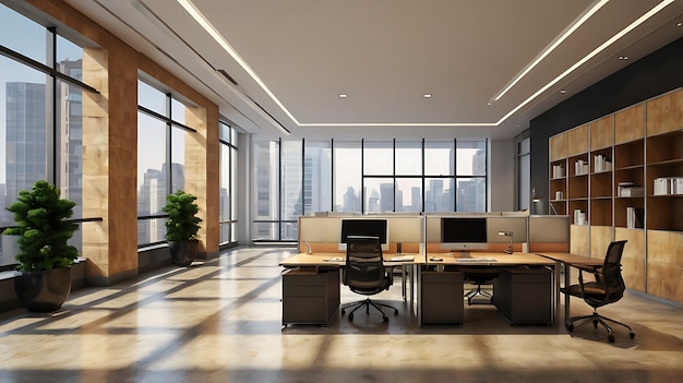 3D Rendering creative office interior Luxury meeting room with panoramic city view and daylight Presentation and corporate concept