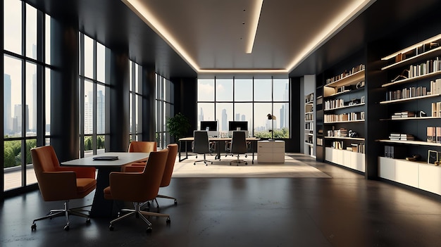 3D rendering of a creative office interior With city view daylight furniture and equipment