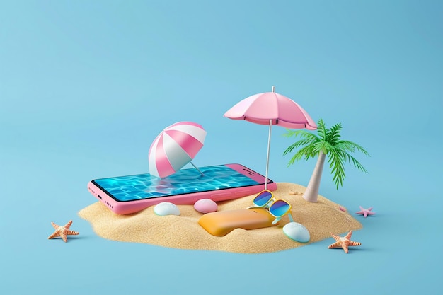 3D rendering Creative summer beach on smartphone with blue background summer vacation concept