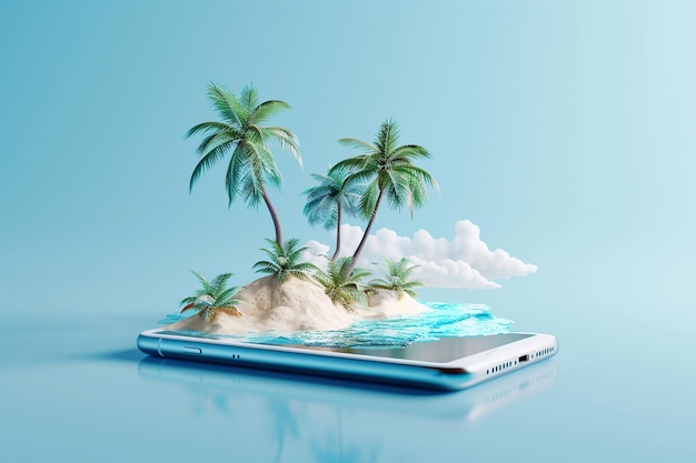 3D rendering Creative summer beach on smartphone with blue background summer vacation concept