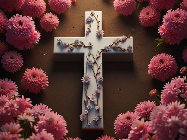 3d rendering of cross surrounded by flowers