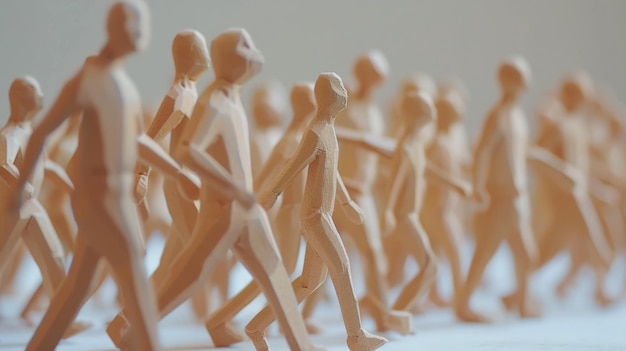 3D rendering of a crowd of faceless mannequins walking in the same direction over a white background