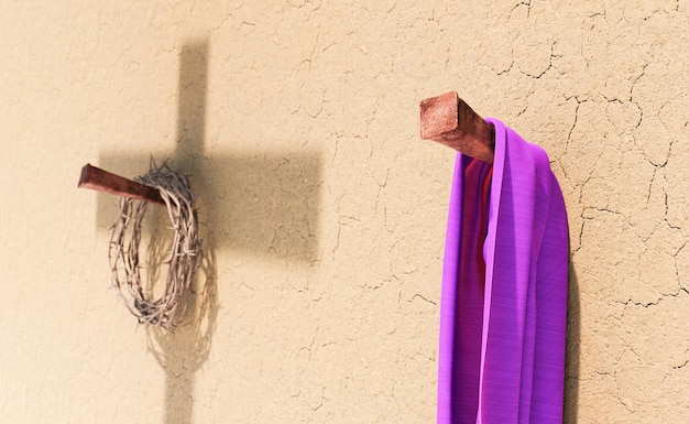 3D rendering of crown of thorns and purple robe hanging on nails