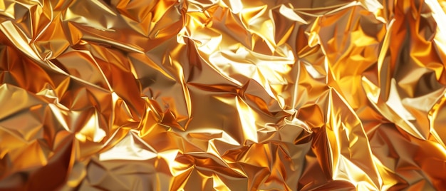 A 3D rendering of crumpled golden foil with realistic light reflections creating a luxurious