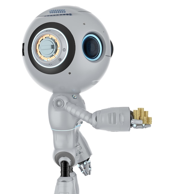 3d rendering cute artificial intelligence robot with gold coins