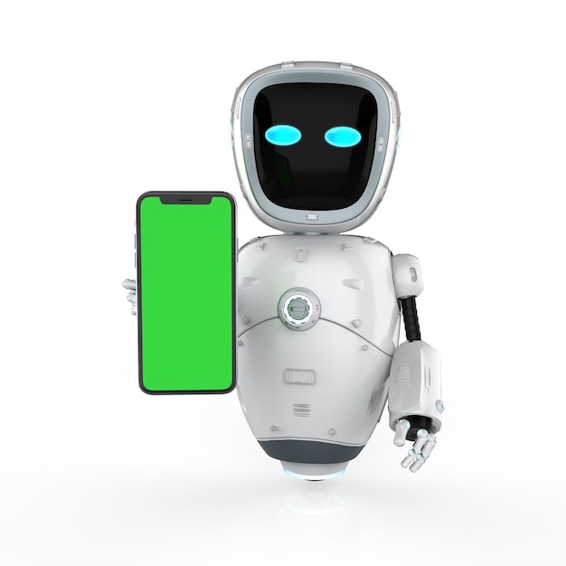 3d rendering cute artificial intelligenceÂ robot or assistant robot with blank screen mobile phone