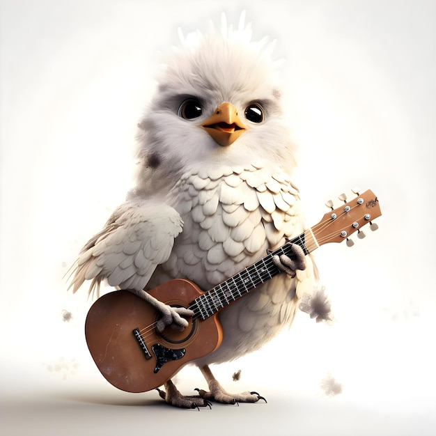 3D rendering of a cute bird with a guitar isolated on white background