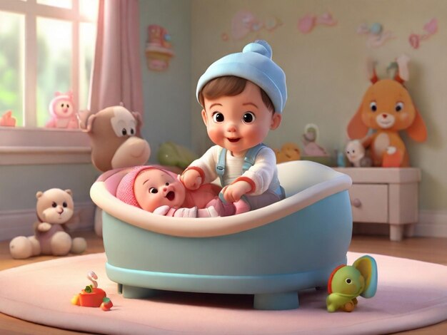 3D rendering of a cute cartoon baby scene