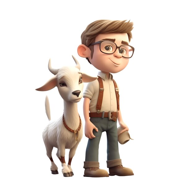 3D rendering of a cute cartoon boy with a goat isolated on white background