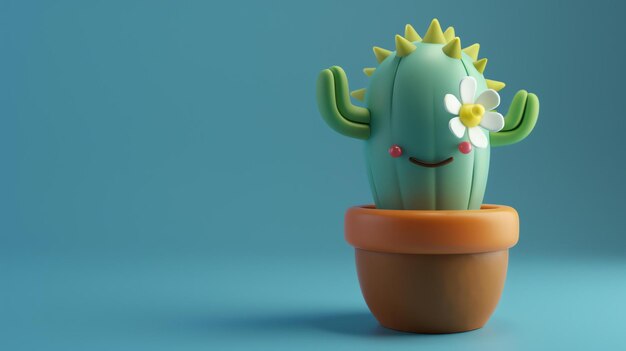 Photo 3d rendering of a cute cartoon cactus in a pot the cactus has a friendly face with a smile and two arms outstretched