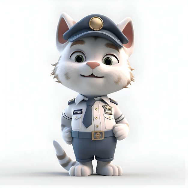 3D rendering of a cute cartoon cat as a police officer