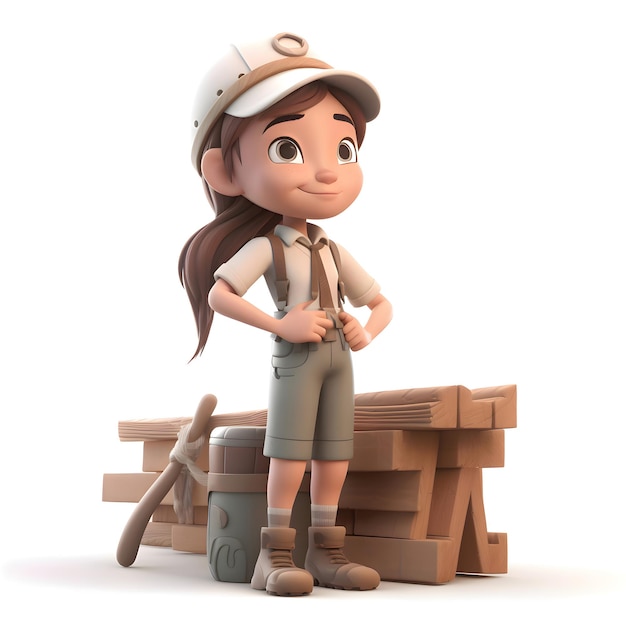 3D rendering of a cute cartoon construction worker with a wooden pallet