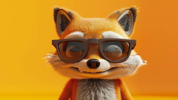 3D rendering of a cute cartoon fox wearing sunglasses The fox has a friendly expression on its face and is looking at the viewer