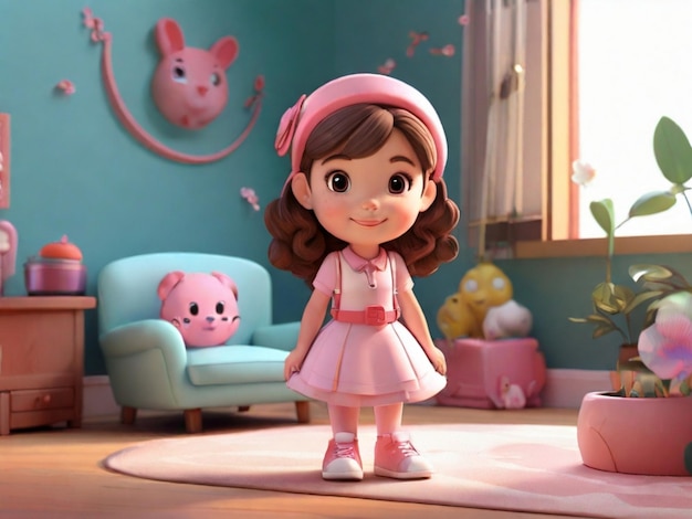 3D rendering of a cute cartoon girl scene