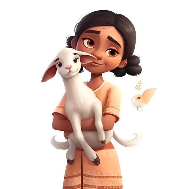 3d rendering of a cute cartoon girl with a white cat and bird