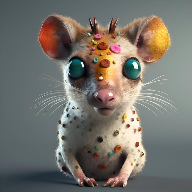 3D rendering of a cute cartoon mouse with colorful eyes on grey background