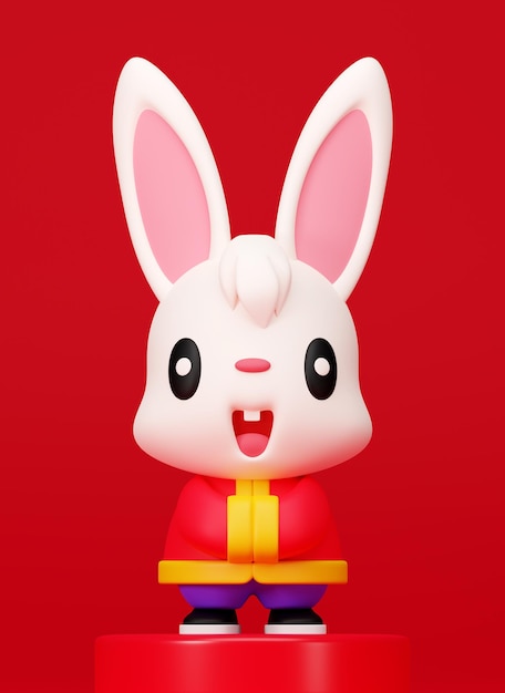 3D rendering cute cartoon rabbit wearing Chinese costume standing on red podium