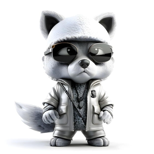 3D rendering of a cute cartoon raccoon with sunglasses White background