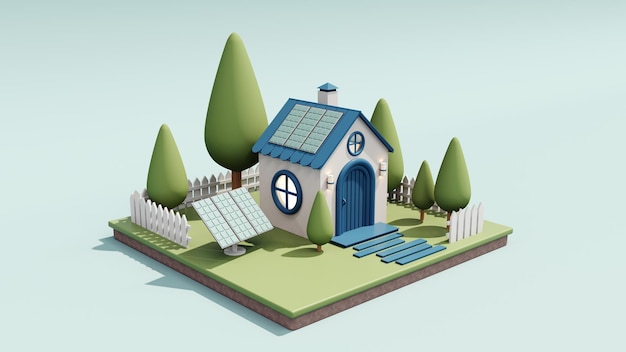 3D rendering of a cute cozy ecohouse with solar panels and a wind turbine