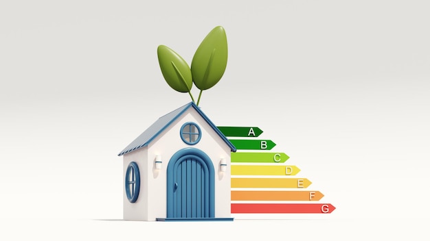 3D rendering of a cute cozy ecohouse with solar panels and a wind turbine