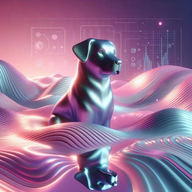 Photo 3d rendering cute dog puppy of holographic layering