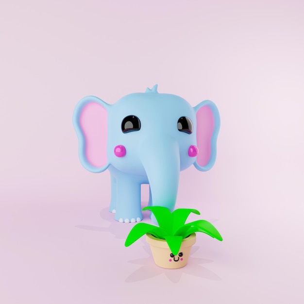 3d rendering of cute elephant and cute flowerpot