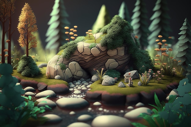 3D rendering cute forest with high details