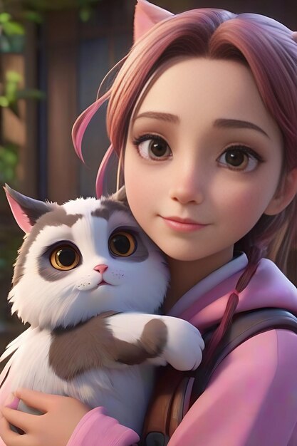 3d rendering of a cute girl with white cat